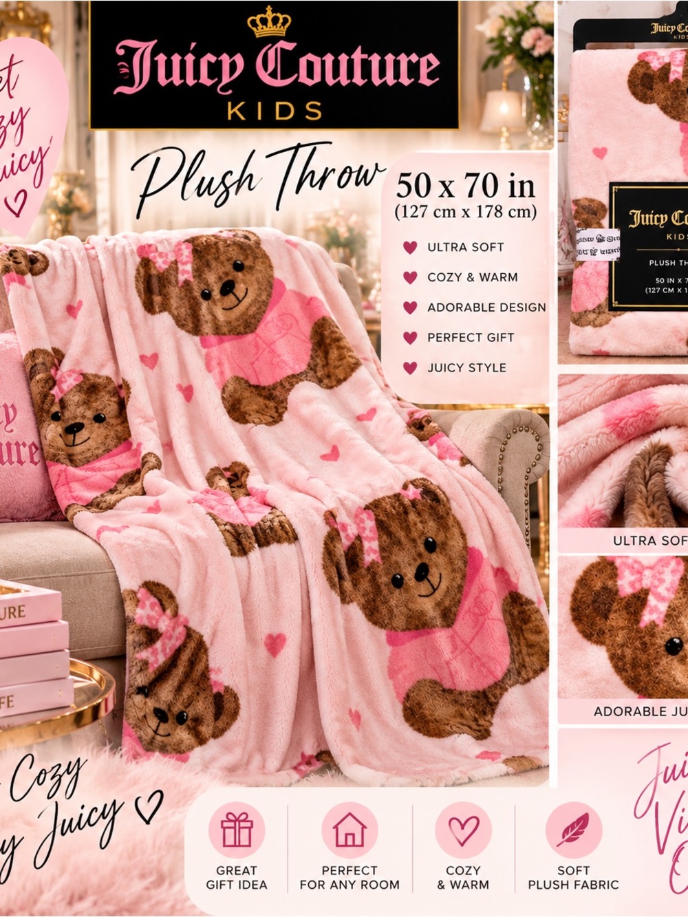 Juicy Couture Plush Throw Blanket in Pink with Teddy Bear Print
